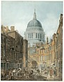 St. Paul's Cathedral, from St. Martin's-le-Grand, Thomas Girtin (British, London 1775–1802 London), Watercolor, pen and black ink, over graphite
