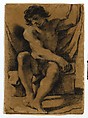 Seated Nude Young Man in Nearly Frontal View, Guercino (Giovanni Francesco Barbieri) (Italian, Cento 1591–1666 Bologna), Modified black chalk (dipped in a gum solution), traces of white gouache highlights, on light brown paper