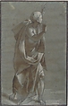 Standing Male Draped Figure With His Hands Raised, Giovanni Paolo Lomazzo (Italian, Milan 1538–1600 Milan), Black chalk, brush and brown wash, highlighted with white gouache, on blue-green paper