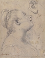The Head and Shoulders of a Woman in Profile; Separate Studies of Her Head and Ear (recto); Fragment of Drapery Study, Profile of Architectural Molding (verso), Gregorio Pagani (Italian, Florence 1558–1605), Black chalk (recto); black chalk, pen and brown ink (verso)