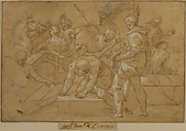 Historical Scene (Composition Study for Chapelle de Guise), Niccolò dell&#39; Abate (Italian, Modena 1509–1571 Fontainebleau (?)), Pen and brown ink, highlighted with white gouache over traces of black chalk; framing outlines with pen and brown ink