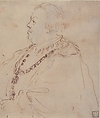 Waist-Length Portrait of a Man Wearing the Order of the Golden Fleece, in Profile Facing Left, Guercino (Giovanni Francesco Barbieri) (Italian, Cento 1591–1666 Bologna), Pen and brown ink; accidental red chalk offset