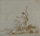 A Shepherd Addressing a Seated Male Nude, Alessandro Magnasco (Italian, Genoa 1667–1749 Genoa), Pen and brown ink, brush and brown wash, highlighted with white gouache, over black chalk, on blue paper