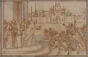 Saint Bernard presenting the host to Guillaume X, duc de Guyenne, Sébastien Leclerc I (French, Metz 1637–1714 Paris), Pen and brown ink, brush and gray wash, over red chalk; framing lines in pen and brown ink