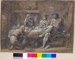 Jupiter and Mercury in the House of Baucis and Philemon, Hyacinthe Collin de Vermont (French, Versailles 1693–1761 Paris), Black chalk, heightened with white gouache on buff colored antique laid paper