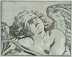 A sleeping cupid, Bartolomeo Coriolano Italian, Chiaroscuro woodcut in blue-gray and black printed from two blocks
