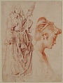 Standing Woman Holding a Spindle, and Head of a Woman in Profile to Right, Antoine Watteau (French, Valenciennes 1684–1721 Nogent-sur-Marne), Two shades of red chalk