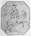 Charles II of Spain on Horseback, Matías de Torres (Spanish, Aguilar de Campóo (Palencia) 1635–1711 Madrid), Pen and brown ink with brush and brown wash over slight traces of black chalk underdrawing.  Corners cut off, composition outlined in hexagonal form with pen and brown ink.  Contours of the seated figure and the saddle pricked. Lined
