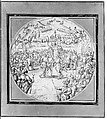 Captain de Bours handing over the Keys to the Citadel of Antwerp to the Estates General, Maerten de Vos (Netherlandish, Antwerp 1532–1603 Antwerp), Pen and brown ink, brush and brown wash, white gouache; incised for transfer