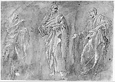 Three Standing Figures, After Francesco Primaticcio (Italian, Bologna 1504/5–1570 Paris), Pen and ink and white gouache, over traces of black chalk, on paper washed gray