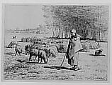 A Shepherdess with Her Flock, Jean-François Millet (French, Gruchy 1814–1875 Barbizon), Conté crayon with stumping on laid paper