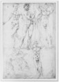 Studies for a Nude Woman Seen from the Front (recto); Four Standing Male Nudes, Venus, and Cupid (verso), Anonymous, Italian, Florentine, 16th century, Pen and brown ink