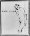 Study of a Nude Man Holding Bottles, Antoine Watteau (French, Valenciennes 1684–1721 Nogent-sur-Marne), Black, red, and white chalk.