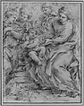 The Holy Family with Two Angels, Alessandro Algardi (Italian, Bologna 1598–1654 Rome), Black chalk on off-white laid paper; framing outline in pen and dark brown ink; glued onto a secondary paper support