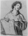 Half-Length Study of a Monk Holding a Book and a Long Implement, Bernardo Strozzi (Italian, Genoa 1581–1644 Venice), Black chalk, highlighted with white chalk on blue-gray paper