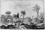 River Landscape with Traveler, Cornelis Vroom (Dutch, Haarlem 1591–1661 Haarlem), Pen and brown ink, touches of brush and brown wash; framing lines in pen and brown ink
