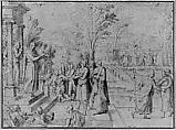 A Saint Addressing Figures from the Steps of a Temple, Antoine Caron (French, Beauvais 1521–1599 Paris), Pen and brown ink, brush and brown wash, heightened with white, over black chalk