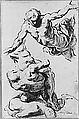 Studies for Four Figures (recto); Composition Sketches for Groupings of Figures on Clouds (verso), Jacopo Palma the Younger (Italian, Venice ca. 1548–1628 Venice), Brush with brown and white oil paint, over black chalk (recto); black chalk and charcoal (verso)