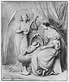Virgin and Child Adored by a Lute-Playing Angel, Jean-Jacques Feuchère (French, Paris 1807–1852 Paris), Graphite, brush and gray wash with gouache and touches of gold on heavy cream wove paper