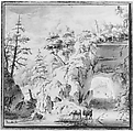 A Mountainous Landscape with Travellers on a Road, Jan van Aken (Dutch, 1614–?1661), Black chalk, pen and brown ink, with brush and gray wash; framing lines in black chalk and gray ink