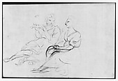 18.121.122 (seated man and woman, he playing instrument) Sketchbook, Italy, Sir Joshua Reynolds (British, Plympton 1723–1792 London), Graphite, black chalk, pen and brown ink