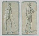 Standing Youth Holding a Club (recto); Temptation of Adam and Eve (verso), Anonymous artist near Domenico Veneziano (Italian, active by 1438–died 1461 Florence), Brush and gray wash, highlighted with brush and white gouache, on faded blue paper (recto); fragment of the Temptation of Adam and Eve in pen and brown ink, over black chalk, on blue paper that has not faded (verso)