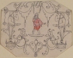 Arabesque Cartouche with Dancing Figure, Anonymous, French, 18th century, Pen and black ink, graphite, and red crayon