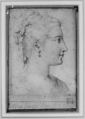 Head of a Woman in Profile, Anonymous, French, 16th century, Black and red chalk, framing lines in pen and black ink