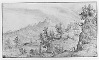 The Salzach Valley with a View of the Watzmann Massif in the Background, Frederik van Valkenborch (Netherlandish, Antwerp 1566–1623 Nuremberg), Pen and gray ink, brush and brown wash and blue watercolor; framing lines in pen and brown ink