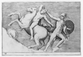 Warrior Pulling a Rider from His Horse, from "Ex Antiquis Cameorum et Gemmae Delineata/ Liber Secundus/et ab Enea Vico Parmen Incis", Anonymous, Italian, 16th century, Engraving