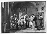 Joan of Arc Imprisoned in Rouen, Pierre Henri Revoil (French, Lyon 1776–1842 Lyon), Pen and brown ink, watercolor, and wash on two sheets of laid paper, mounted together on a sheet of laid paper