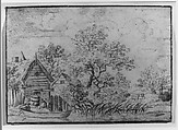 Two Men and a Boat by a House on the Water, Anonymous, Dutch, 17th century ?, Pen and black ink