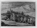 Mountaineous Landscape with a Church and Other Buildings, Anonymous, Dutch, 17th century ?, Black chalk, brush and gray and black wash
