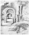 Landscape with Catacombs, Domenico Beccafumi (Italian, Cortine in Valdibiana Montaperti 1484–1551 Siena), Pen and ink, brush and brown wash, over black chalk