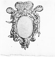 Design for a Coat of Arms Surmounted by a Ring with Allegorical Figures of Justice and Fortitude, Anonymous, Italian, 16th to 17th century, Pen and brown ink, brush and brown wash, over black chalk underdrawing