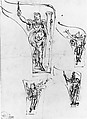 Studies for a Decorative Object (Banner or Pendentive?) Representing Allegorical Figures, One of Which Appears to Be Fortitude, Anonymous, Italian, 17th century, Pen and brown ink