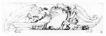 Design for a Pediment with Putti and a Blank Escutcheon, Anonymous, Italian, Piedmontese, 18th century, Pen and brown ink, brush and gray wash, over leadpoint; some lines constructed with a ruler; some traces of red chalk