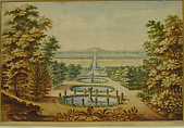 Scenic View of Gardens, Antoine-Claude Fleury French, Pen and black ink and brush with brown, yellow, green, black, gray, gold, and red watercolors.