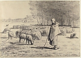 A Shepherdess with Her Flock, Jean-François Millet (French, Gruchy 1814–1875 Barbizon), Conté crayon with stumping on laid paper