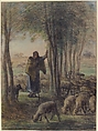 A Shepherdess and Her Flock in the Shade of Trees, Jean-François Millet (French, Gruchy 1814–1875 Barbizon), Conté crayon and pastel on laid paper