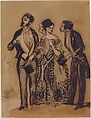 Two Gentlemen and a Lady, Constantin Guys (French, Flushing 1802–1892 Paris), Pen and brown ink, brush and brown, green and blue wash, over graphite; touches of red chalk