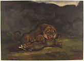 Lion Devouring Prey, Antoine-Louis Barye (French, Paris 1795–1875 Paris), Watercolor