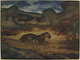 Tiger in Landscape, Antoine-Louis Barye (French, Paris 1795–1875 Paris), Watercolor on lined paper