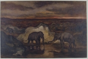 Elephants by a Pool, Antoine-Louis Barye (French, Paris 1795–1875 Paris), Watercolor on wove paper