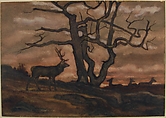 Deer and Tree Against Sunset, Antoine-Louis Barye (French, Paris 1795–1875 Paris), Watercolor on wove paper
