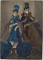 Two Women with Fans, Constantin Guys (French, Flushing 1802–1892 Paris), Pen and brown ink, gray, blue, and brown wash. Laid down.
