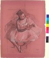 Seated Dancer, Edgar Degas (French, Paris 1834–1917 Paris), Graphite and charcoal heightened with white on pink wove paper;squared for transfer