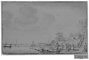 Coast Scene, Jacob Esselens (Dutch, Amsterdam 1626–1687 Amsterdam), Black chalk, brush and gray wash; framing lines in pen and brown ink