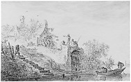 Landscape with Figures, Jan van Goyen (Dutch, Leiden 1596–1656 The Hague), Black chalk, gray and brown wash.