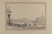 View of Naples: Place Royale, Anonymous, French, 19th century, Pen and black ink, brush and gray wash; framing lines in pen and brown ink, brush and brown wash